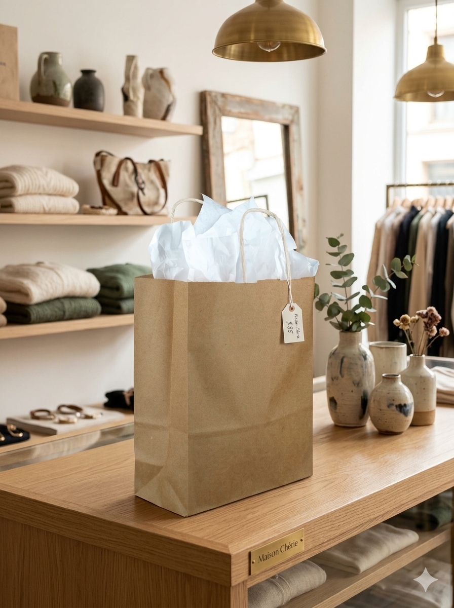 Natural brown kraft gift bag on a boutique counter