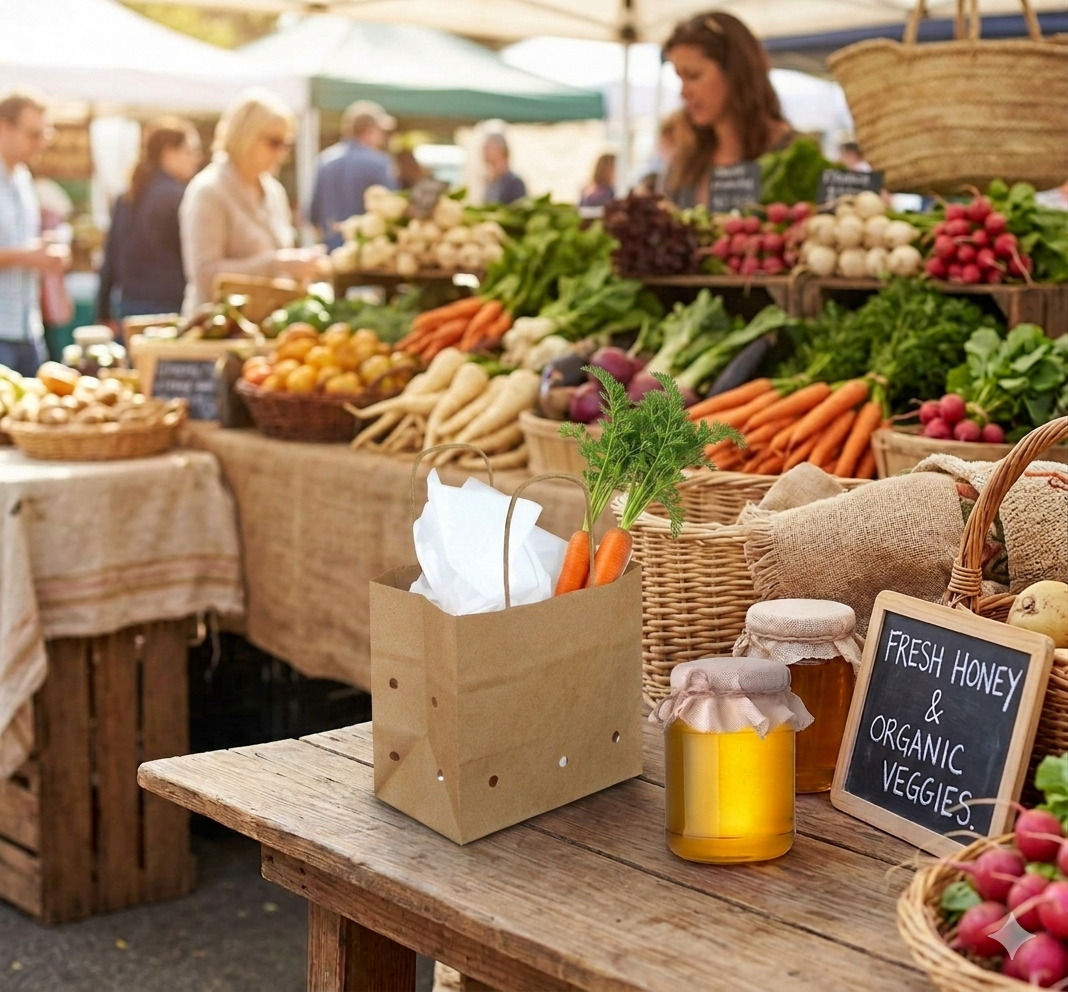 Vented kraft produce bag at a farmers market stall