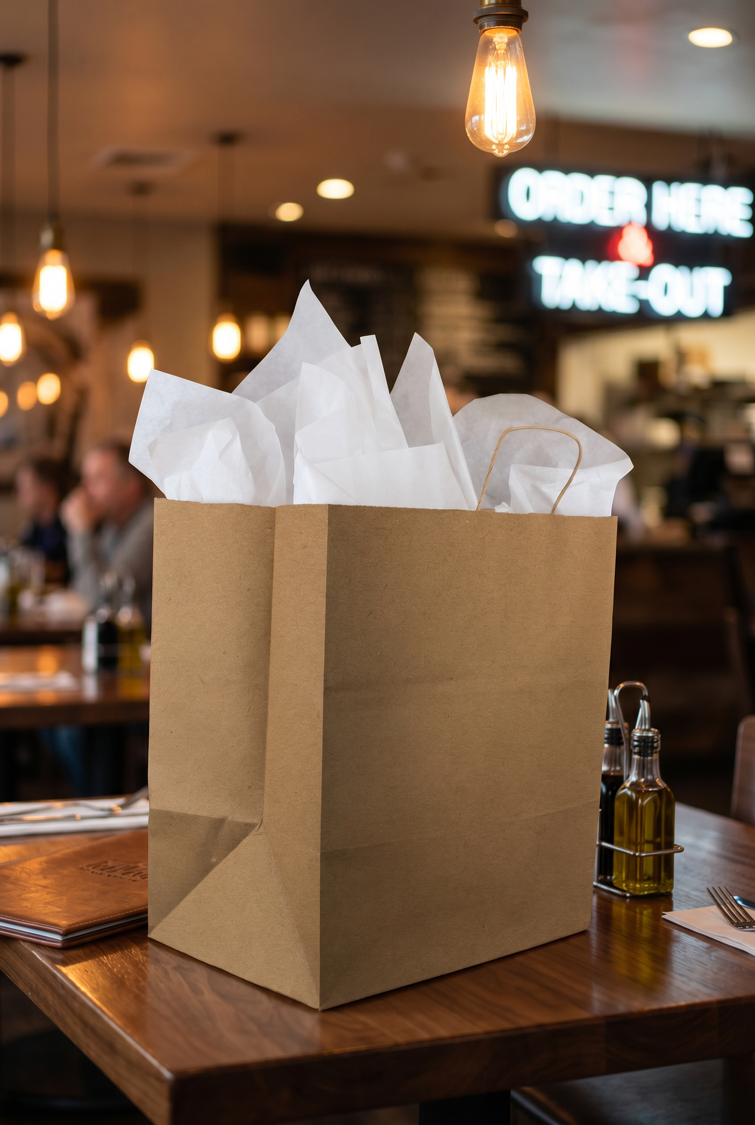 Kraft paper takeout bag in a restaurant setting