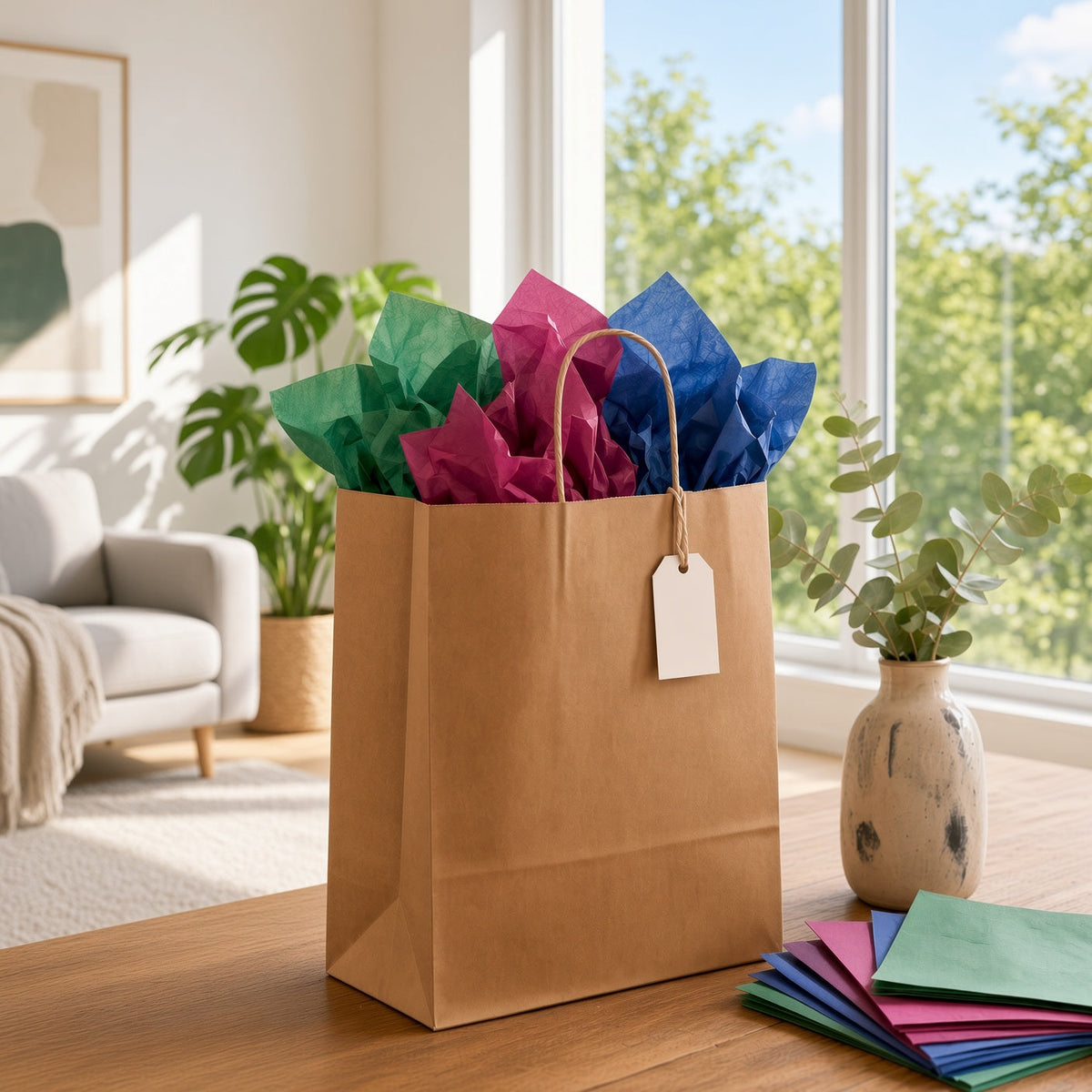 Kraft gift bag filled with colorful tissue paper on a table in a bright living room