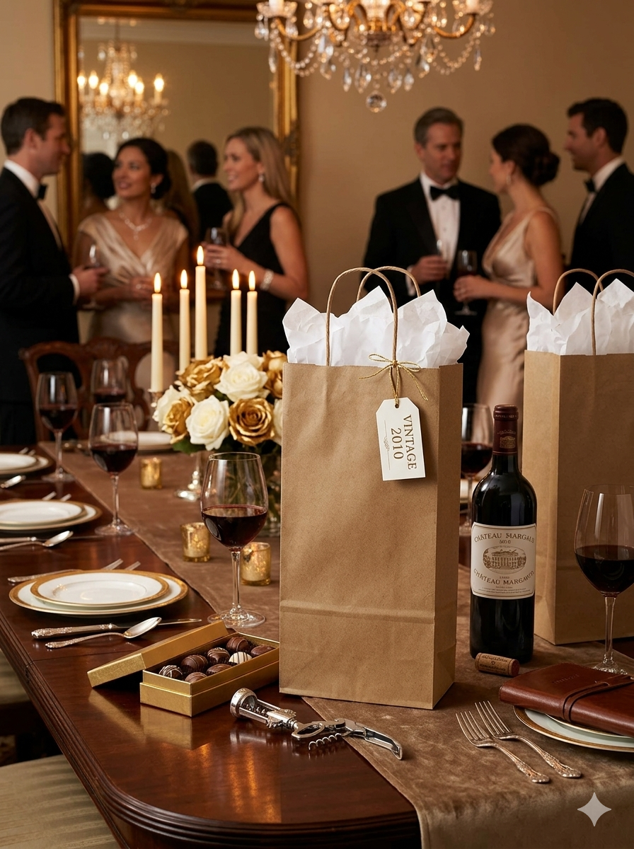 Kraft paper wine bottle bag styled with a bottle