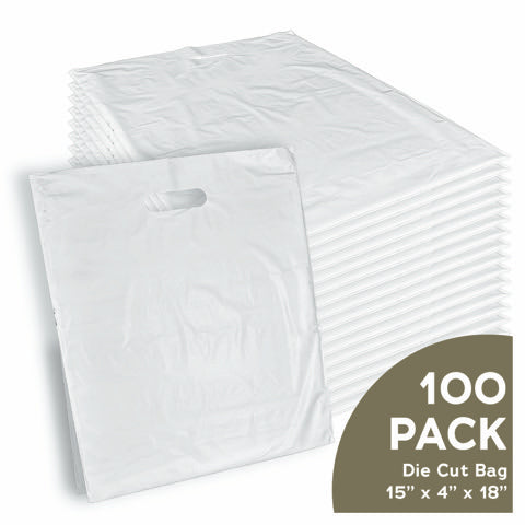 Case of 100 white die-cut poly bags 15 x 4 x 18 inches