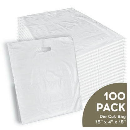Case of 100 white die-cut poly bags 15 x 4 x 18 inches