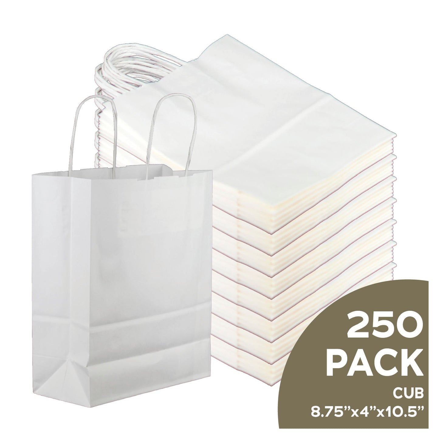 Cub 8x4x10 white kraft paper gift bags with twisted handles, bulk case