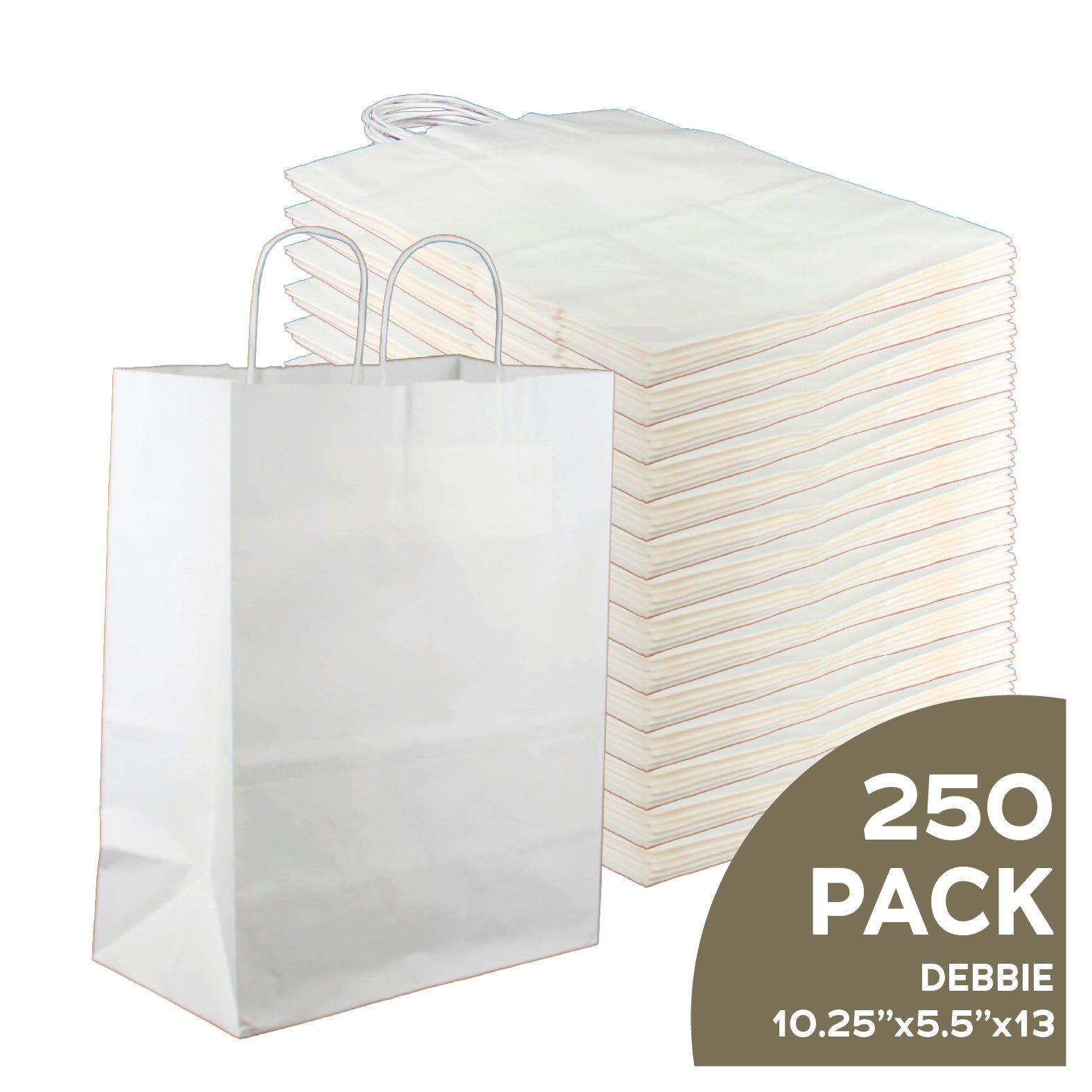 Debbie 10x5x13 white kraft paper shopping bags with handles