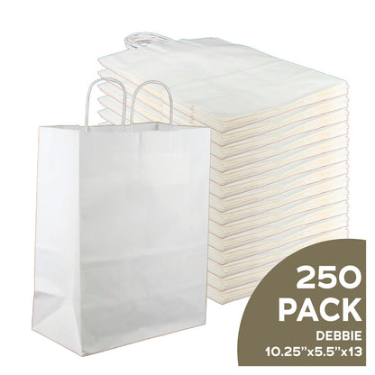 Debbie 10x5x13 white kraft paper shopping bags with handles