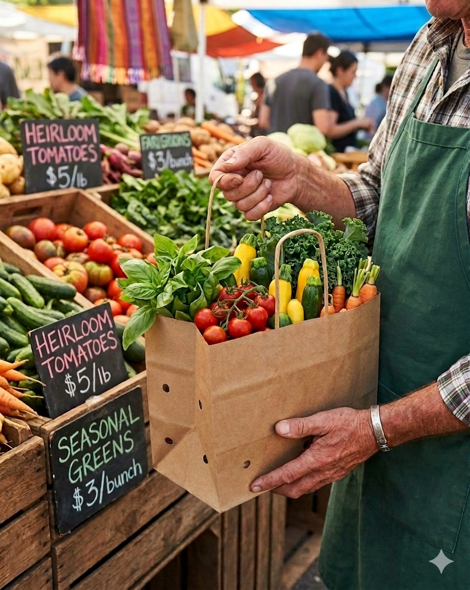 Vented kraft produce bag styled in use