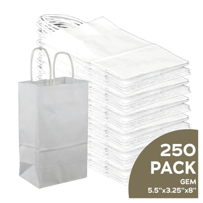 Gem 5x3x8 white kraft paper gift bags with handles