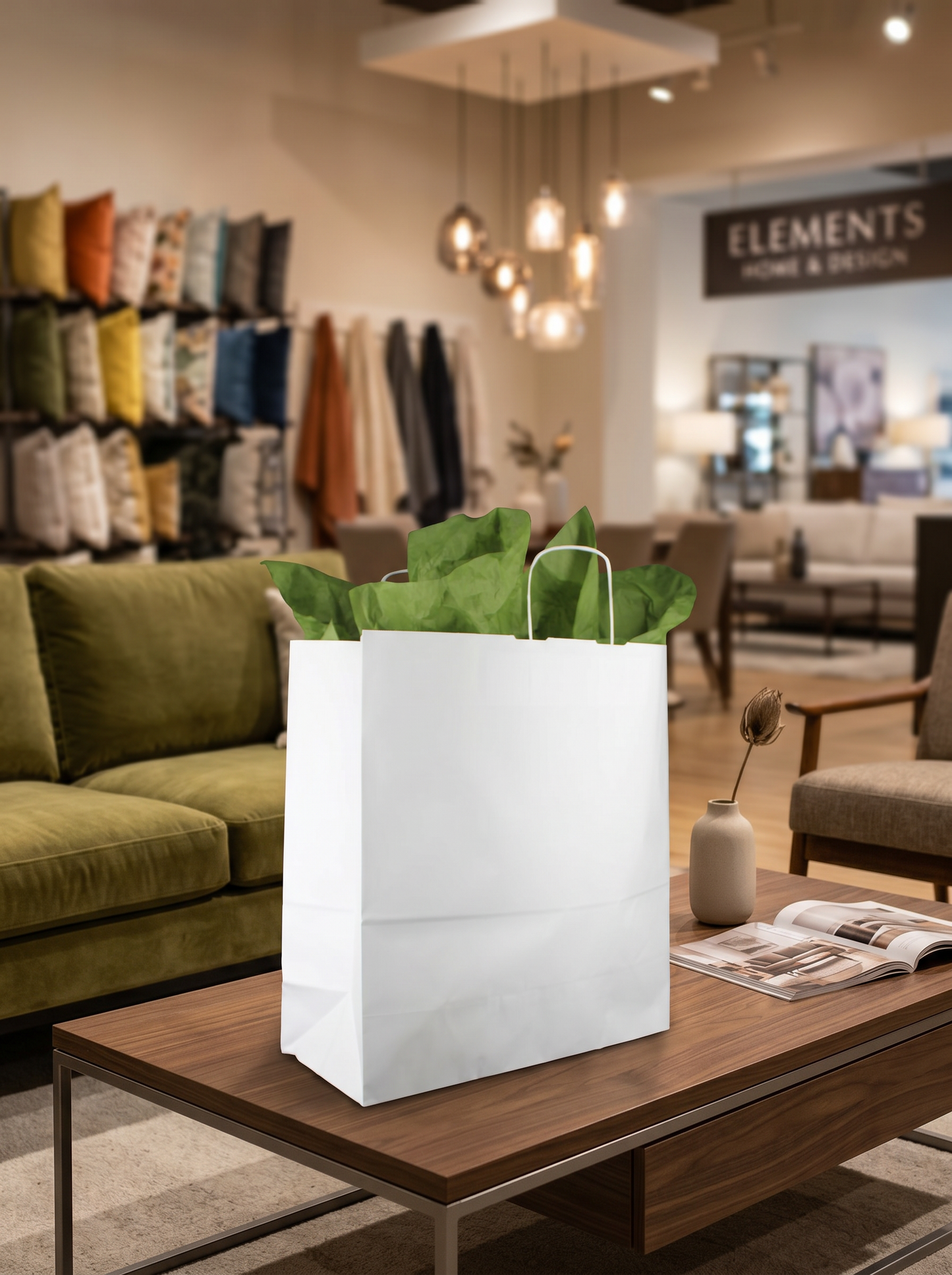 18x7x18 white kraft shopping bag styled in use