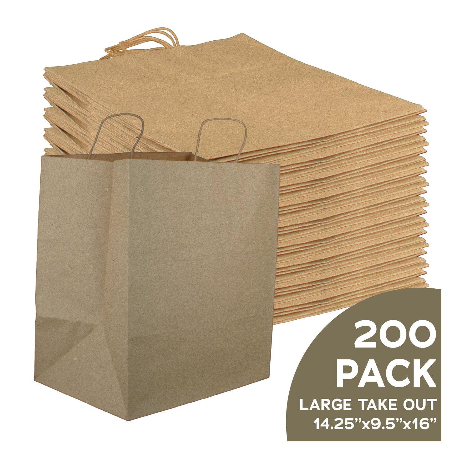 14x9x16 large natural brown kraft paper takeout bags with handles, bulk case