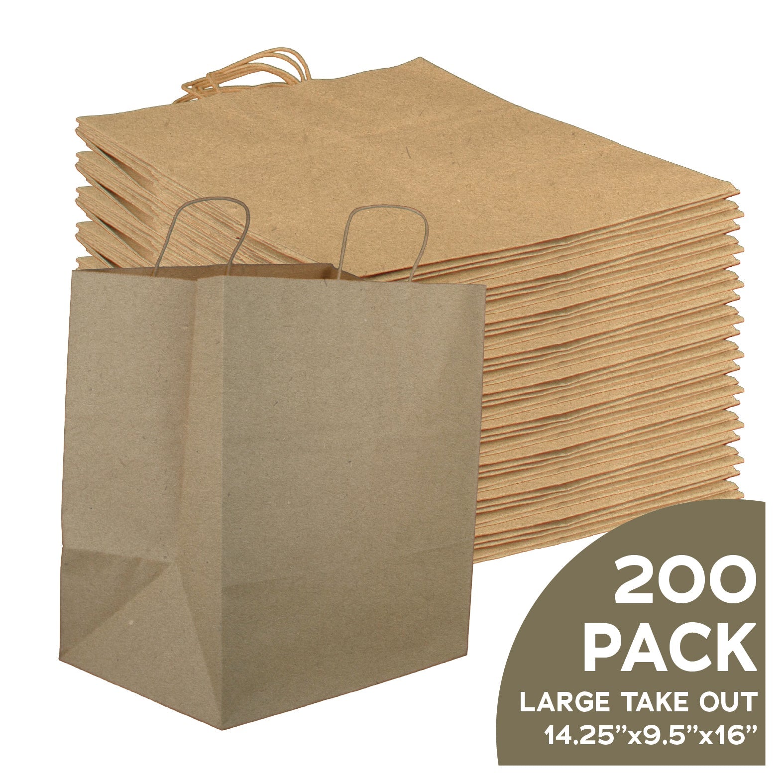14x9x16 large natural brown kraft paper takeout bags with handles, bulk case