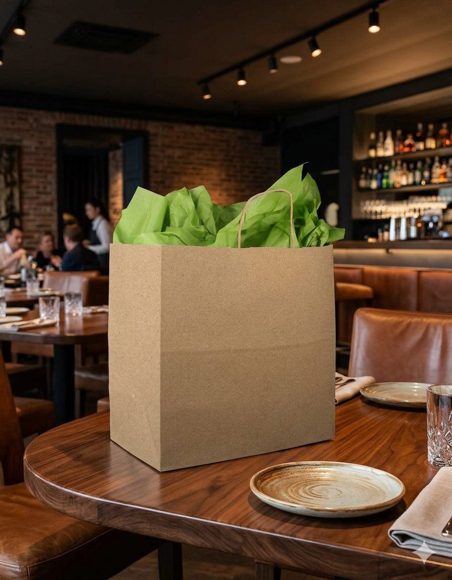 13x7x13 natural brown kraft takeout bag in a restaurant setting
