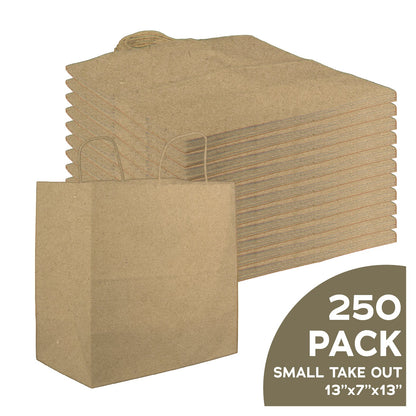 Boaz Trading 13x7x13 small natural brown kraft paper takeout bags with handles, bulk case