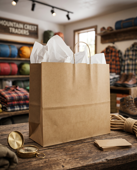 Super Vogue natural brown kraft shopping bag styled in use
