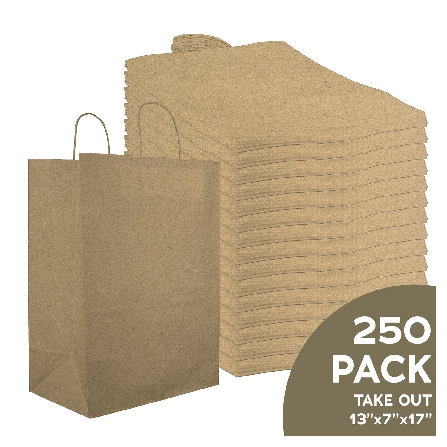 13x7x17 natural brown kraft takeout bags with twisted handles, bulk case