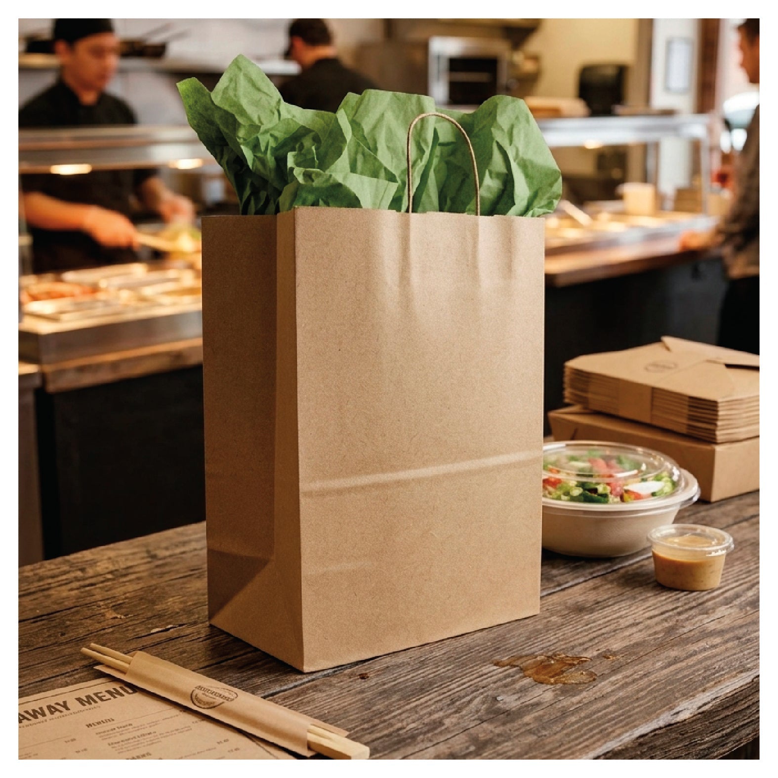 13x7x17 natural brown kraft takeout bag in a restaurant setting