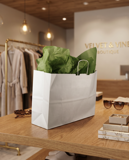 16x6x13 white kraft shopping bag styled in use