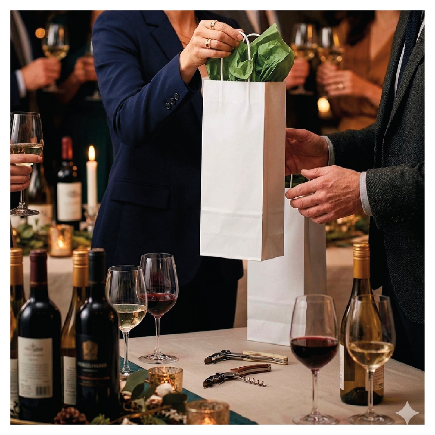 White kraft wine bags in gift setting