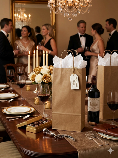 5.5x3.25x13 natural brown kraft wine bottle bag styled with a bottle