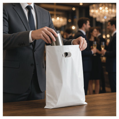 White die-cut poly bag with handles packing a travel tumbler