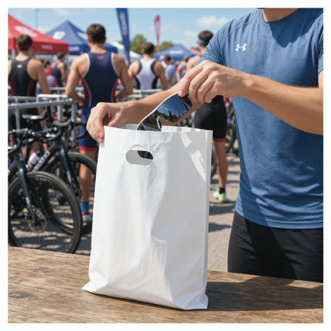 White die-cut poly bag with handles at an outdoor event