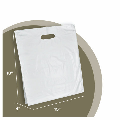 White die-cut poly bag size guide 15 x 4 x 18 inches