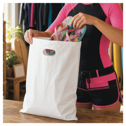 White die-cut poly bag with handles packing flip-flops